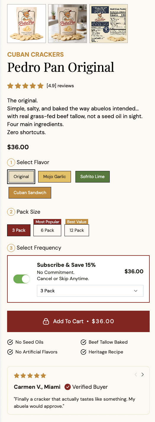 Pedro Pan product detail page with flavor, pack size, and subscription options