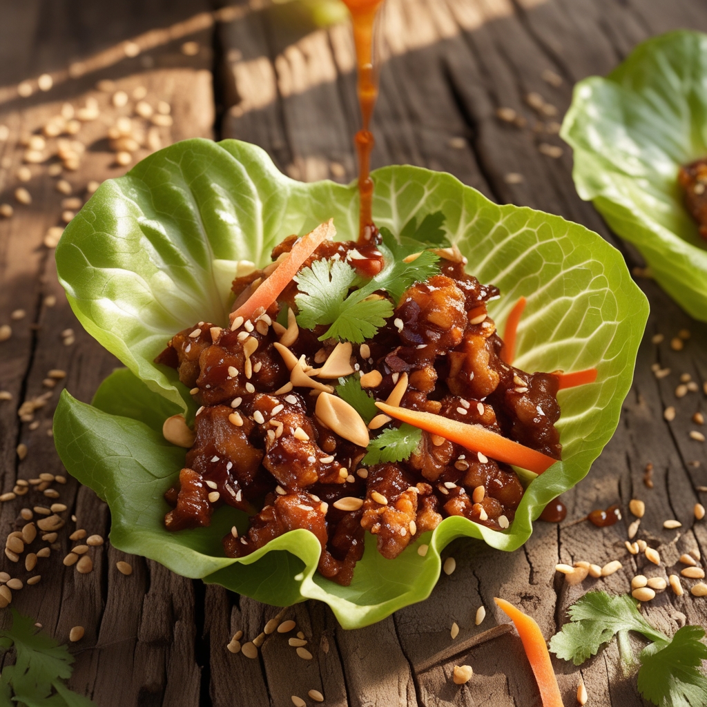 Sesame-BBQ Pork Lettuce Cups with Peanut-Lime Crema