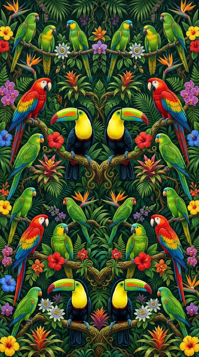 Detailed Pattern of Colorful Parrots and Toucans in Tropical Jungle - Free 4K mobile Wallpaper