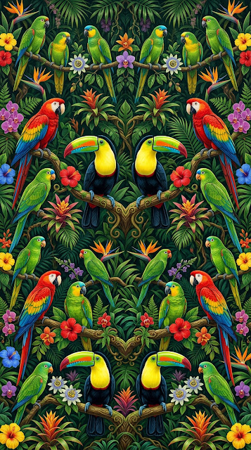 Detailed Pattern of Colorful Parrots and Toucans in Tropical Jungle - Free mobile Wallpaper