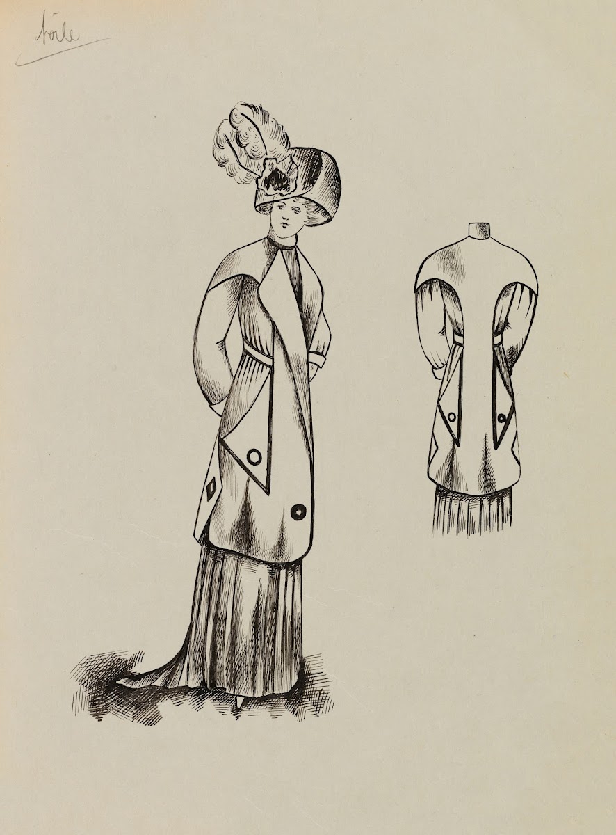 Figure de femme de trois quart portant un manteau sur robe longue et un grand ch