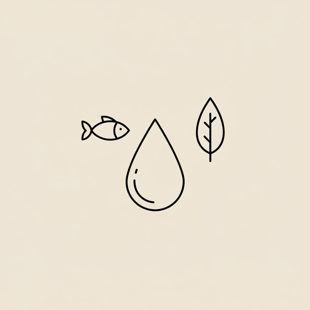 Minimal Tonum-style vector line illustration of a water droplet, fish, and leaf on a beige background for the article how much of the brain is water