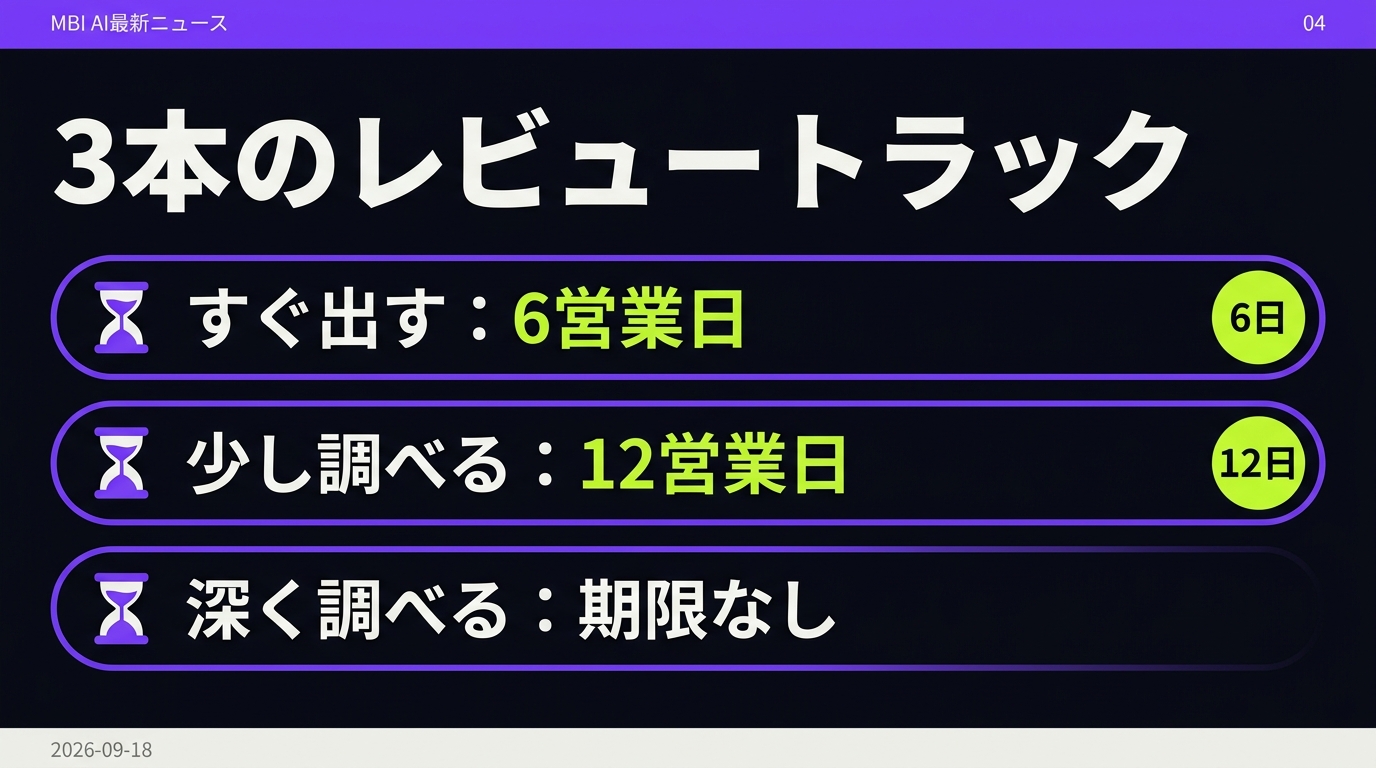 3本のレビュートラック。6営業日・12営業日・期限なし