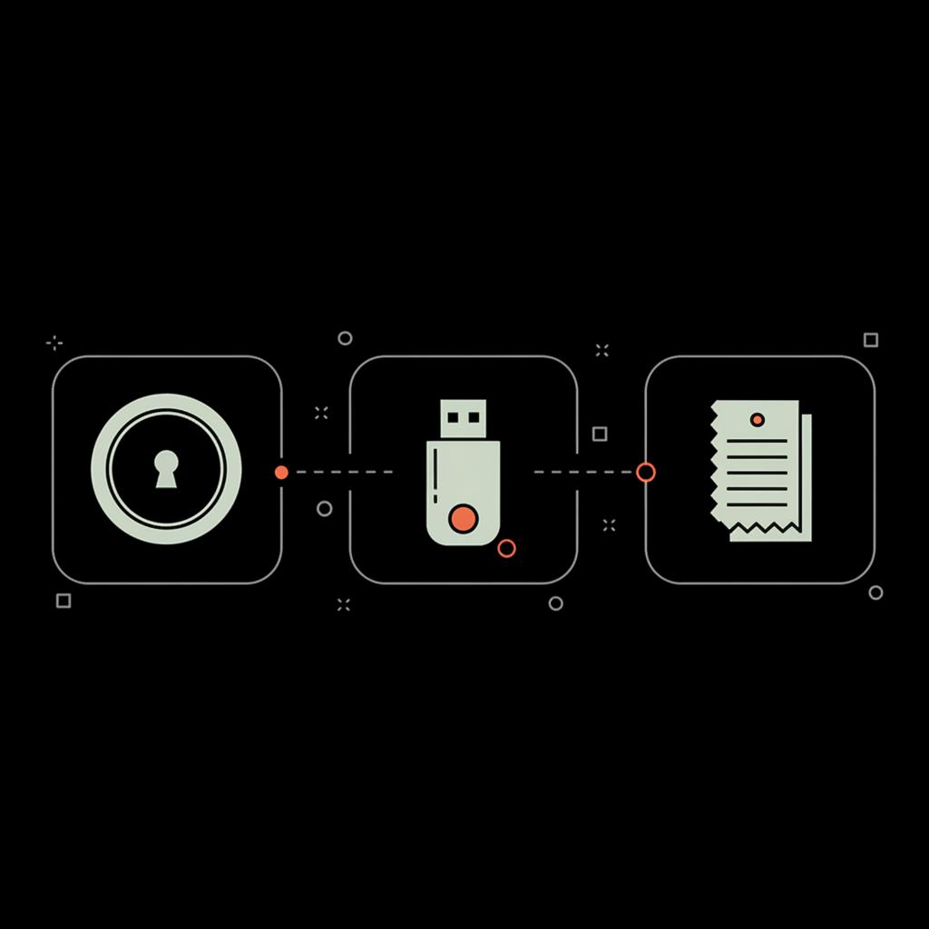 Minimal 2D vector infographic of a password manager vault, hardware security key, and printed backup codes on a black background illustrating google account recovery.