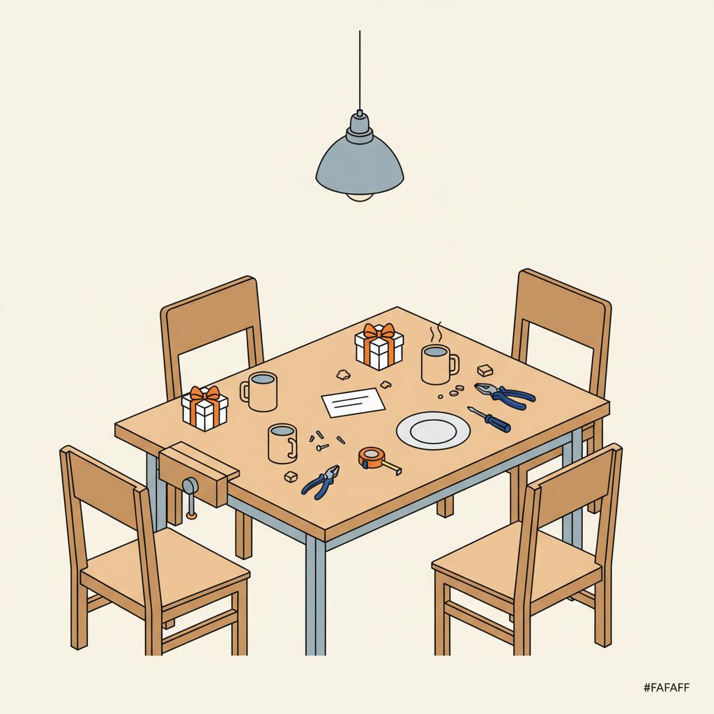 Vektorillustration einer Werkbank mit Tassen, Geschenkboxen, geöffneter Karte und Werkzeugen im industriellen Stil, Nähe suggerierend – Dankessprüche für kleine Geschenke
