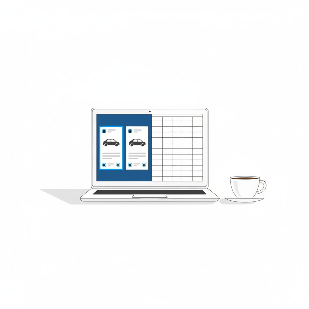Minimalist 2D vector of a laptop comparing two car listings with a visible spreadsheet and a coffee cup on a white desk representing cheap cars for sale