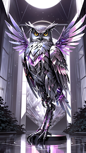 Cybernetic Chrome Owl Statue With Iridescent Purple Wings