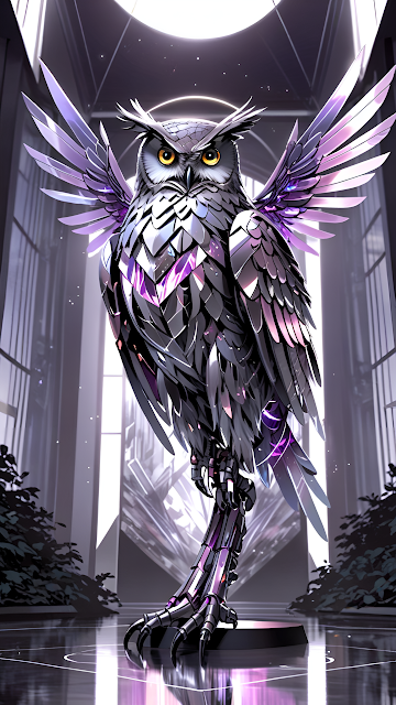 Cybernetic Chrome Owl Statue With Iridescent Purple Wings - Free mobile Wallpaper