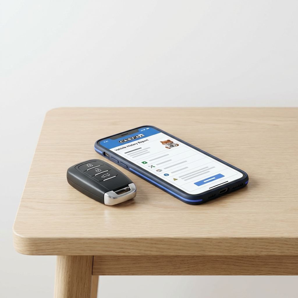 Close up of car key fob and smartphone showing a vehicle history report on a wooden table with a subtle 20-4-10 rule for buying a car brand blue accent