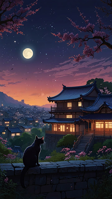 Black Cat Watches Moon Over Japanese Town at Dusk - Free mobile Wallpaper
