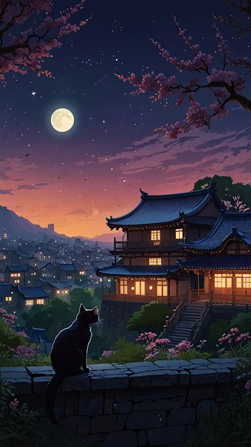 Black Cat Watches Moon Over Japanese Town at Dusk