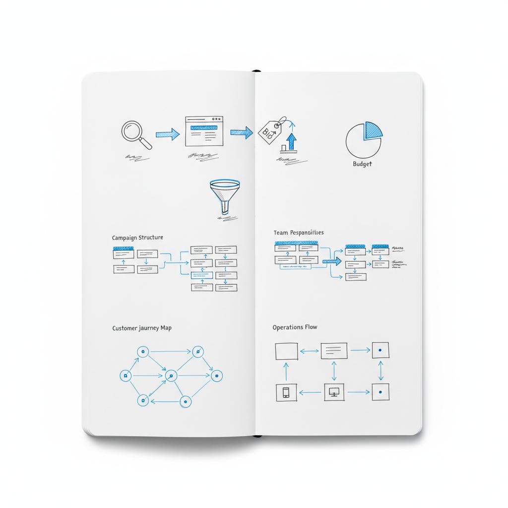 Top-down minimalist notebook sketch with icon-based nodes for keywords, landing page and bid, arrows showing traffic flow and budget splits for how much to pay for PPC