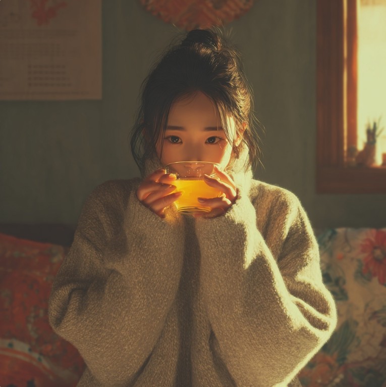 따뜻한 유자차를 마시는 모습