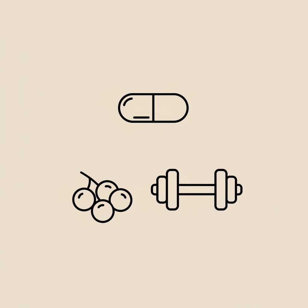 Minimalist vector line illustration of a capsule, a small cluster of berries and a dumbbell on beige background representing what causes slow metabolism