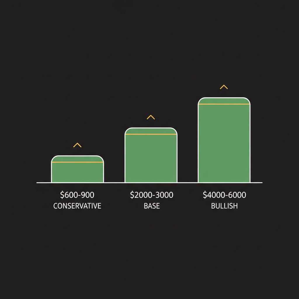 Minimal 2D vector infographic of three ascending bars conservative base bullish with dollar ranges showing what will $1000 in Bitcoin be worth 2025