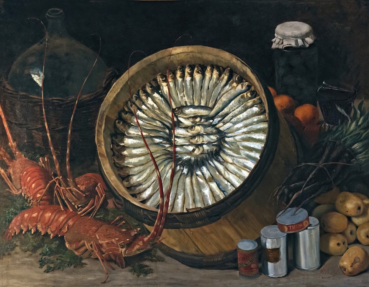 Still life with a barrel of sardines