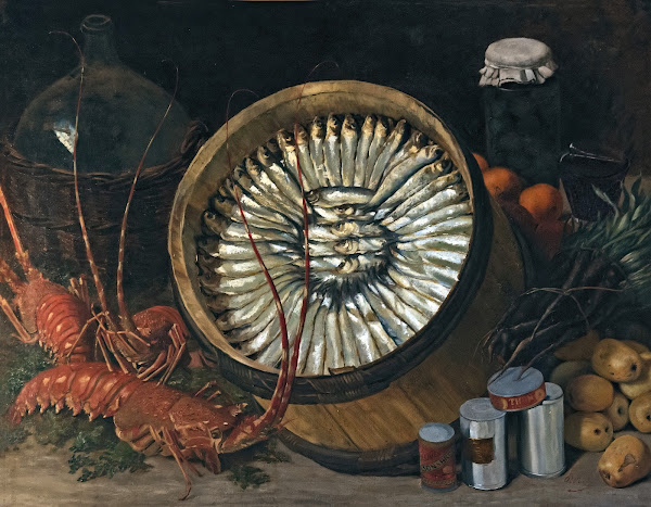 Still life with a barrel of sardines