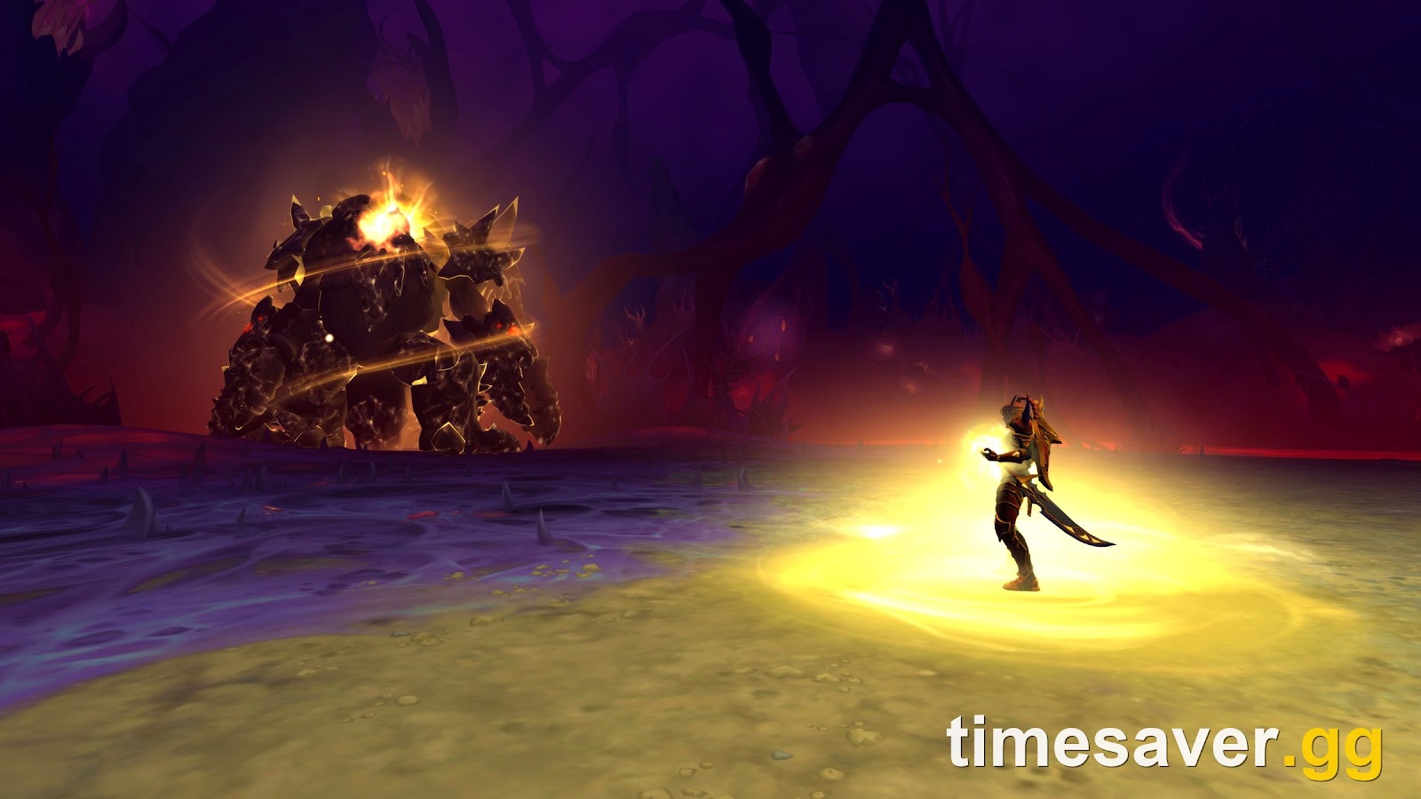 A 12.1.5 boss encounter beneath the Coiled Isle — an adventurer wreathed in Light facing a molten-core horror