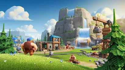 Clash Of Clans, Waterfall, Video Game Art, Clouds, Cranes (Machine) 4K Wallpaper Background