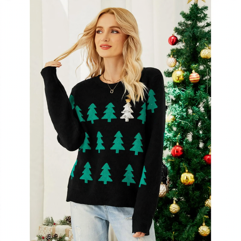 Weihnachtspullover mit Weihnachtsbaum-Stickerei