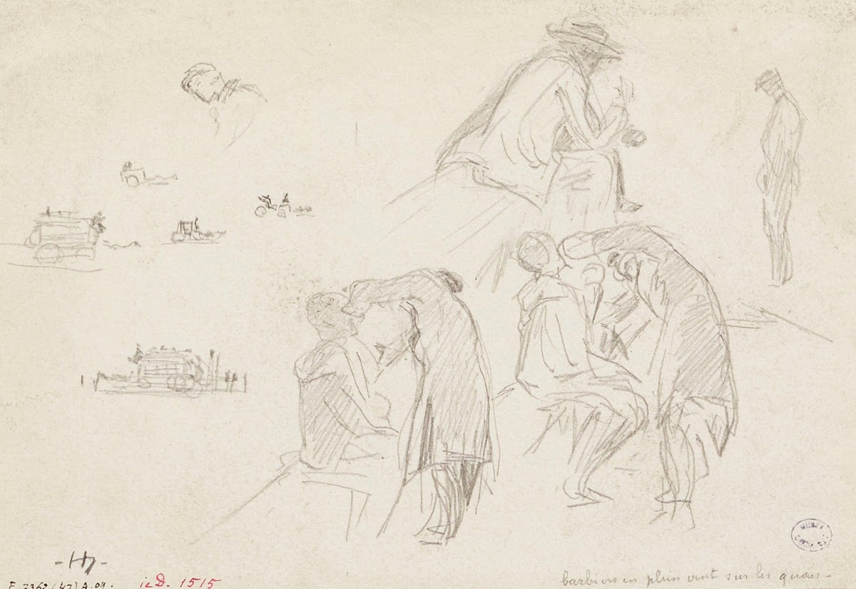 Barbiers au travail sur les quais omnibus 1895   1905
