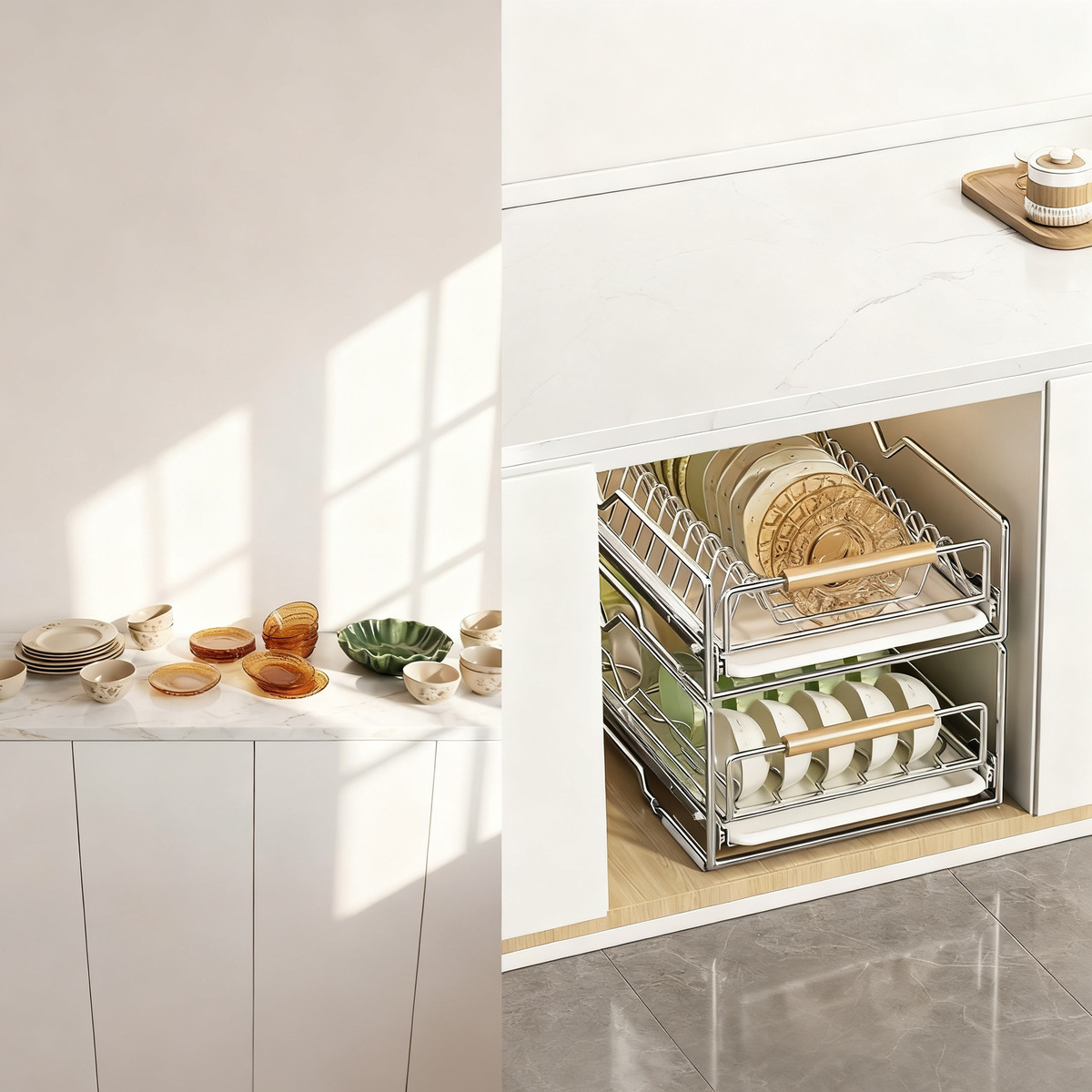 Pull-out dish rack made of stainless steel for cabinets