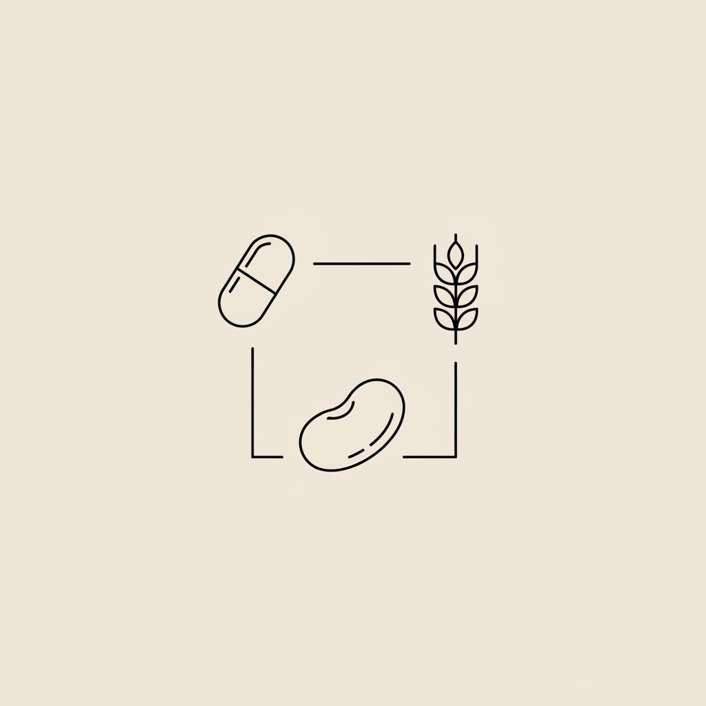 Minimal Tonum-style vector line illustration of a capsule, grain stalk and mitochondrion connected by thin lines on a beige background, representing thiamine glucose metabolism.