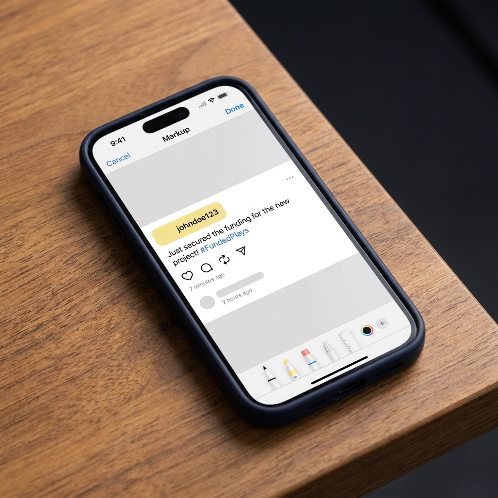 Close up iPhone markup screenshot showing a rectangular redaction over a username on a wood table in Funded Plays aesthetic How to Share a Sports Trading Slip