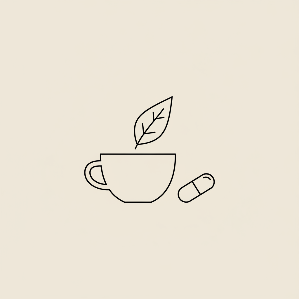 Minimalist line illustration of a teacup, green tea leaf, and capsule on beige background showing how many days does green tea take to reduce belly fat