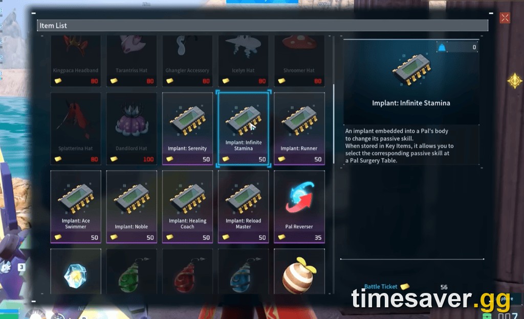 Palworld Arena Shop interface listing implants, a Pal Reverser and cosmetics priced in Battle Tickets