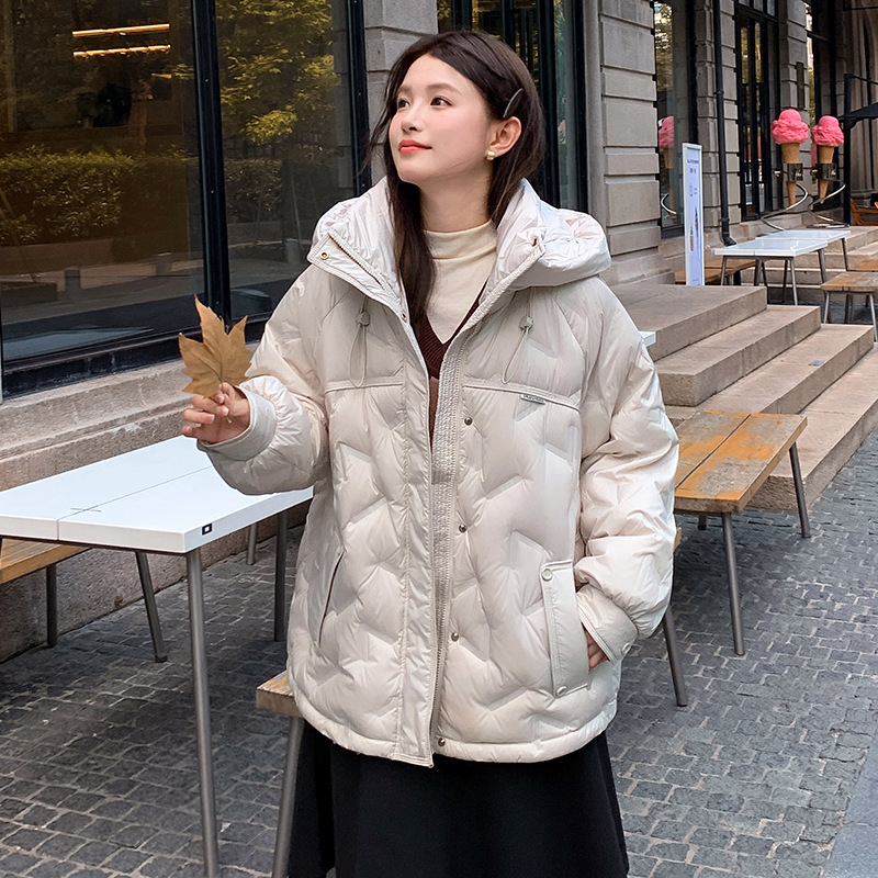 Down coat with hood, mid-length, for women