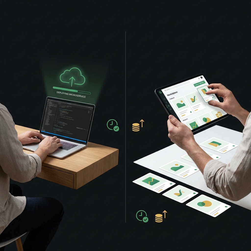 Split screen shows a freelancer delivering a microservice on the left and publishing a digital template on the right with icons for time saved and repeat sales make passive income online