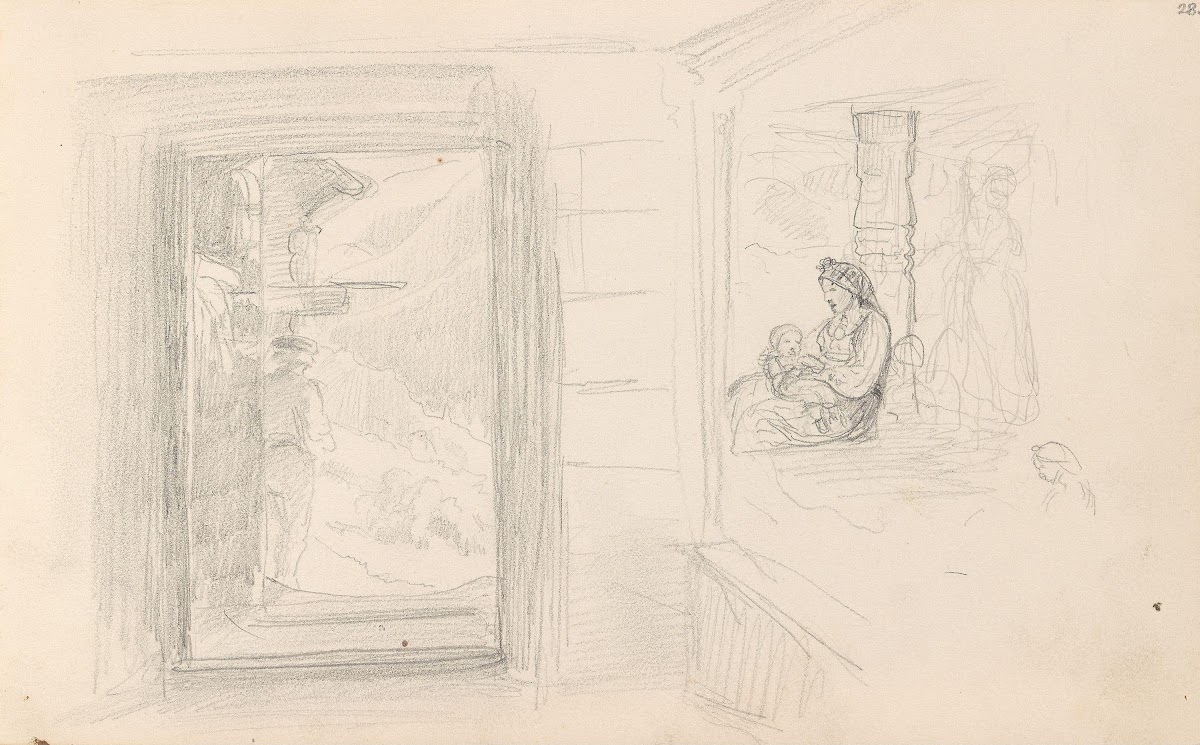 Mannsfigur i døråpning kvinne med barn 1857