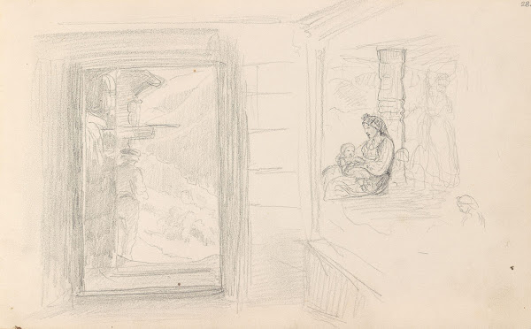 Mannsfigur i døråpning kvinne med barn 1857