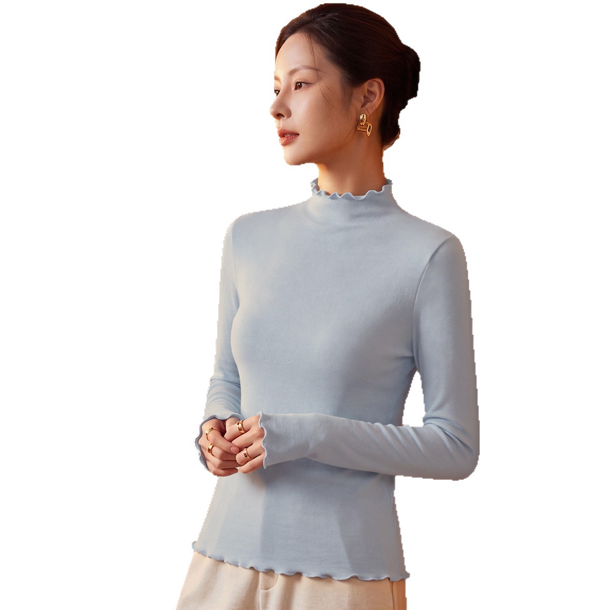Women's Underlayer Shirt with Stand-Up Collar and Ruffled Edge
