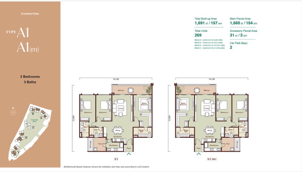 Zenia Damansara Condovilla - Type A1 (Upper) floor plan — 1708 sq ft, 4 bedrooms