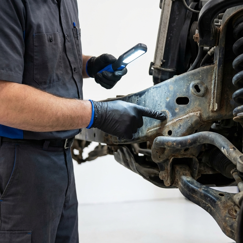 Close up underbody inspection of a used Toyota Tacoma with mechanic pointing at frame and suspension components in a clean white garage used toyota tacoma for sale