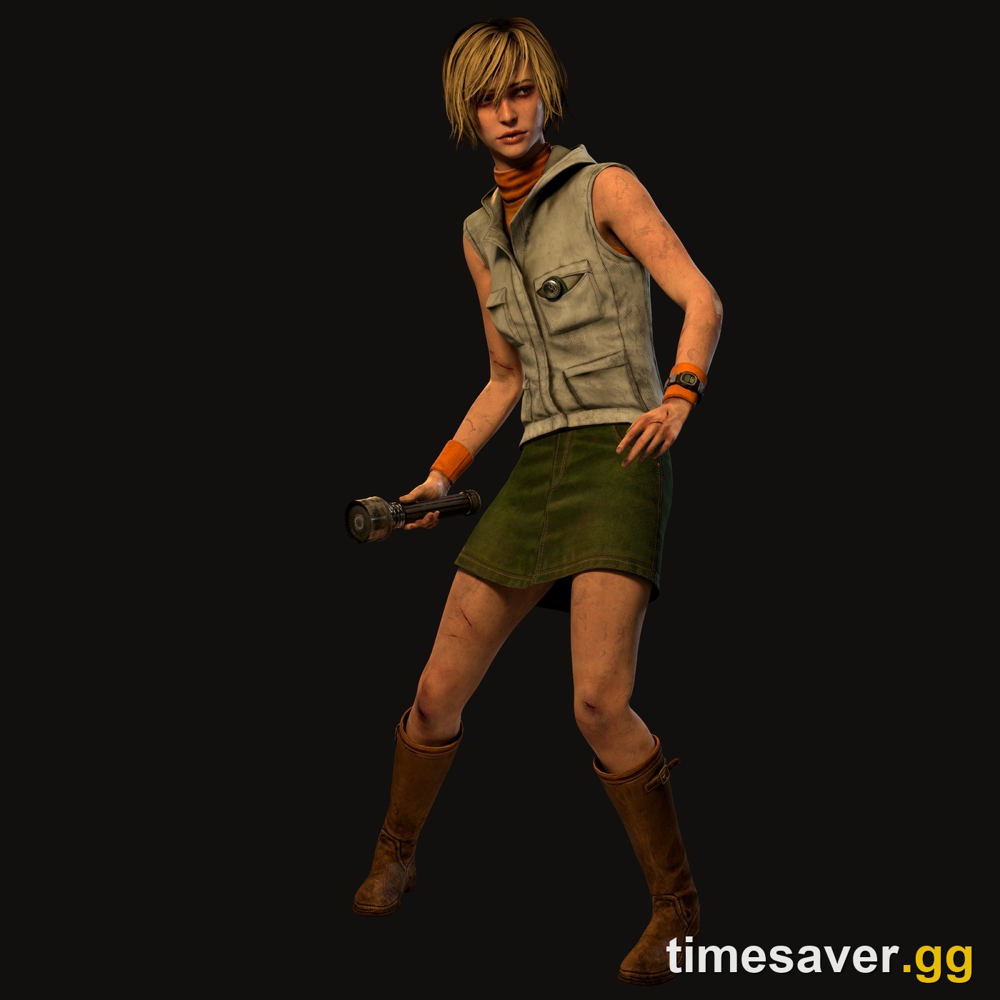 Cheryl Mason holding a flashlight in her grey vest and orange turtleneck on the Dead by Daylight Silent Hill survivor render