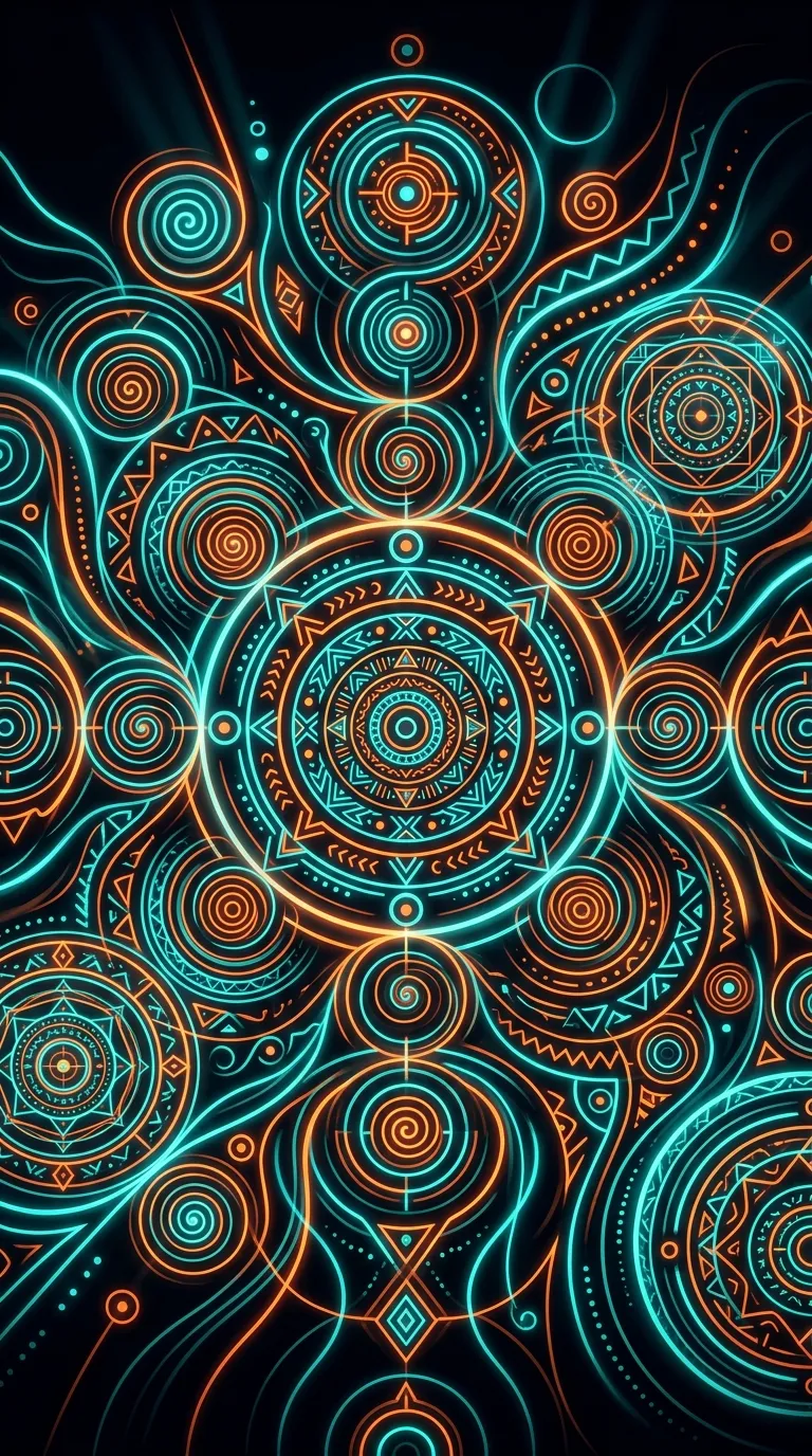 Abstract Tribal Motif with Teal and Orange Geometric Shapes - Free 4K mobile Wallpaper