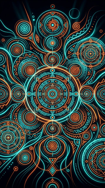Abstract Tribal Motif with Teal and Orange Geometric Shapes - Free mobile Wallpaper