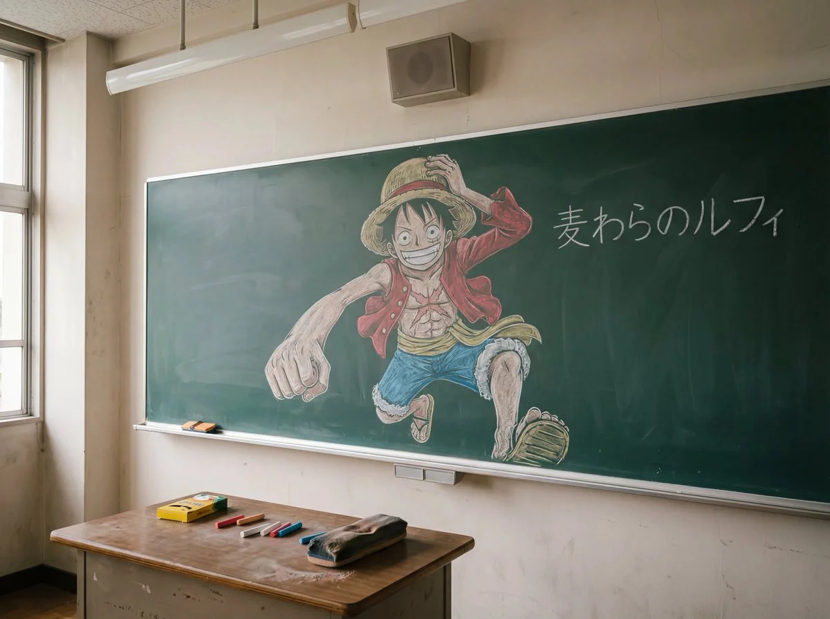 Fotografía de registro realista: Ilustración en pizarra de personaje de anime