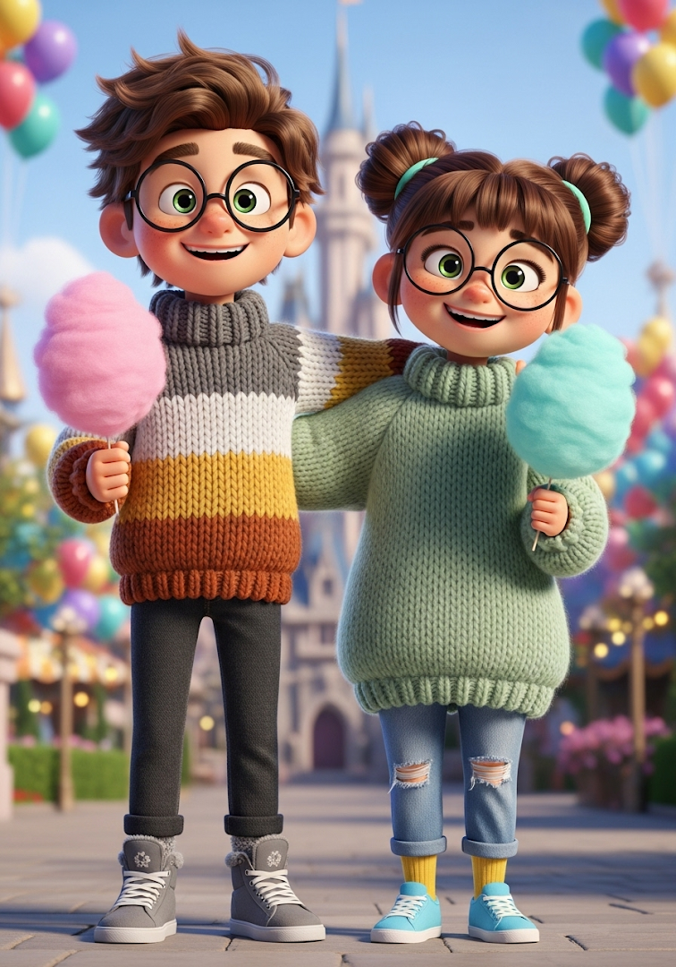 Cute Animated Kids with Cotton Candy at Fairytale Park