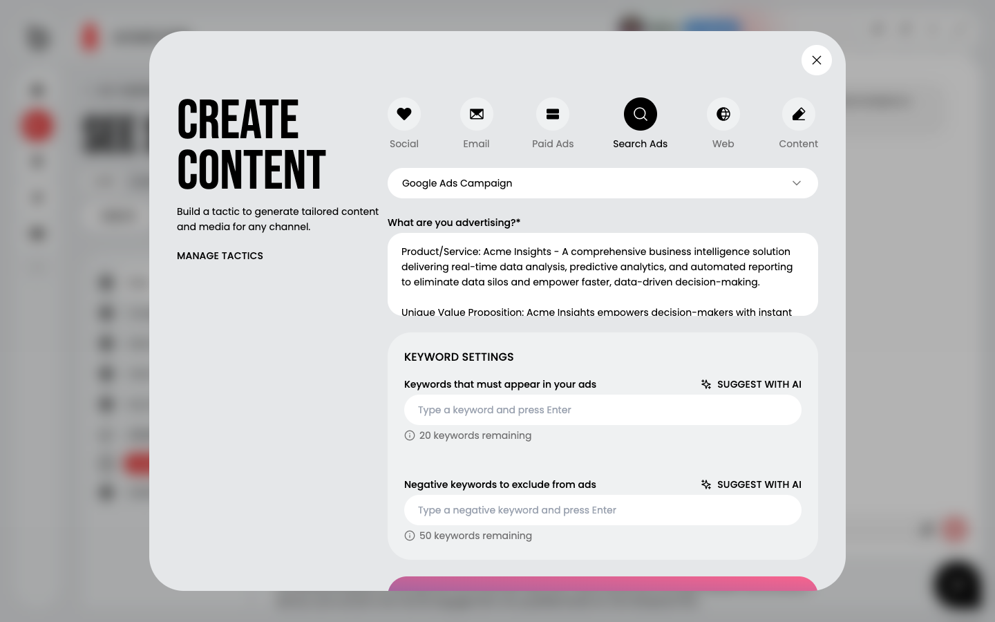 Keyword settings with must-appear and negative keywords, each with Suggest with AI