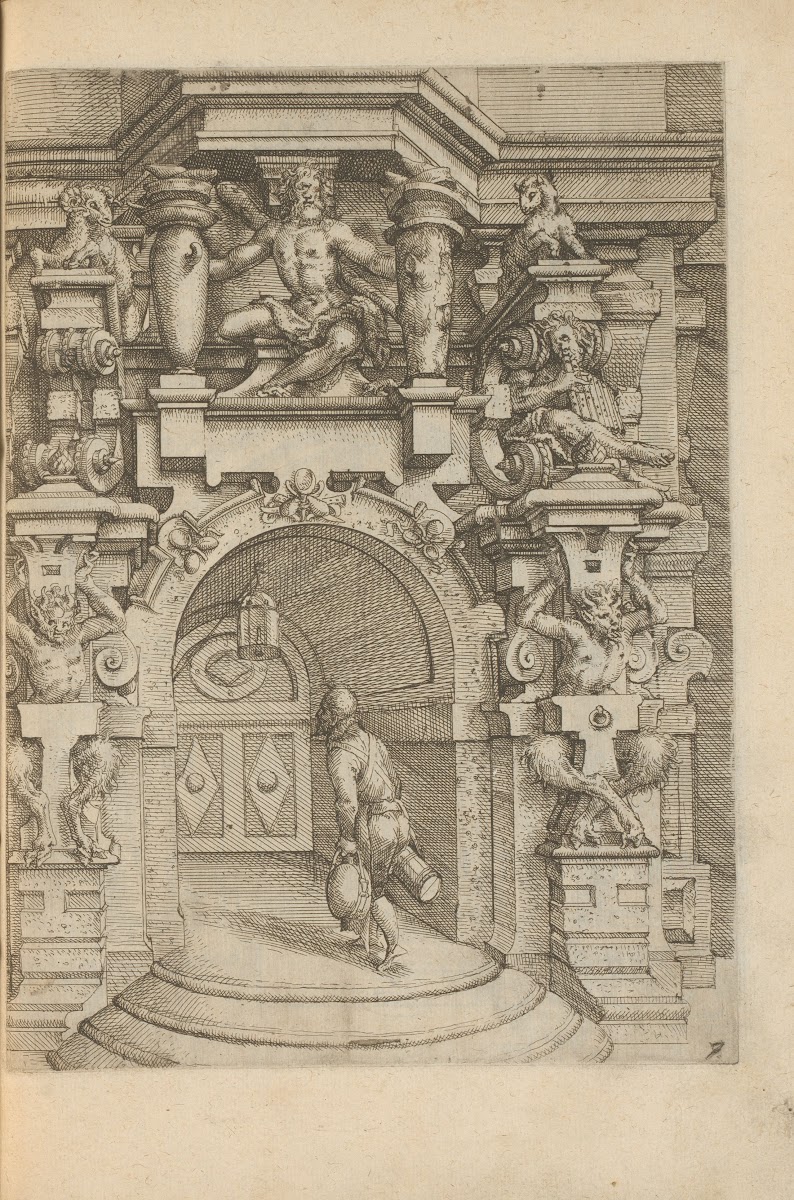 Man at the portal of a wine cellar decorated with satyrs sheep Polyphemus and a