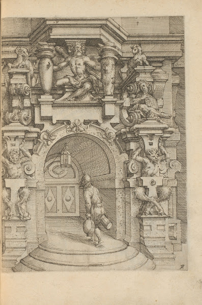 Man at the portal of a wine cellar decorated with satyrs sheep Polyphemus and a