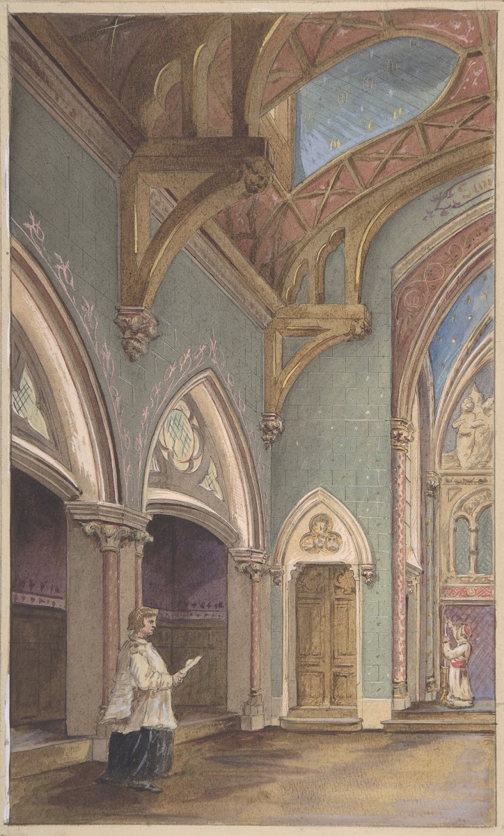 View of Interior with Figures Saint Clotilde 19th Century