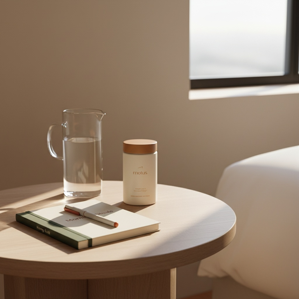 Minimalist morning lifestyle photo of a Tonum Motus supplement jar on a wooden bedside table with a glass carafe and open notebook, promoting best supplement for weight loss.