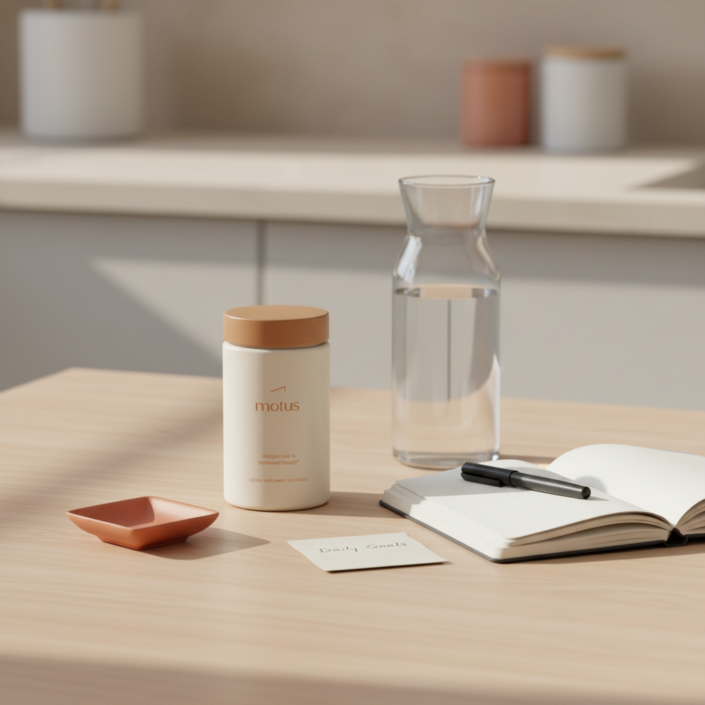 Minimalist still-life of Motus supplement jar on light wooden table with notebook and water carafe, subtle Tonum brand colors and morning light — keto pills