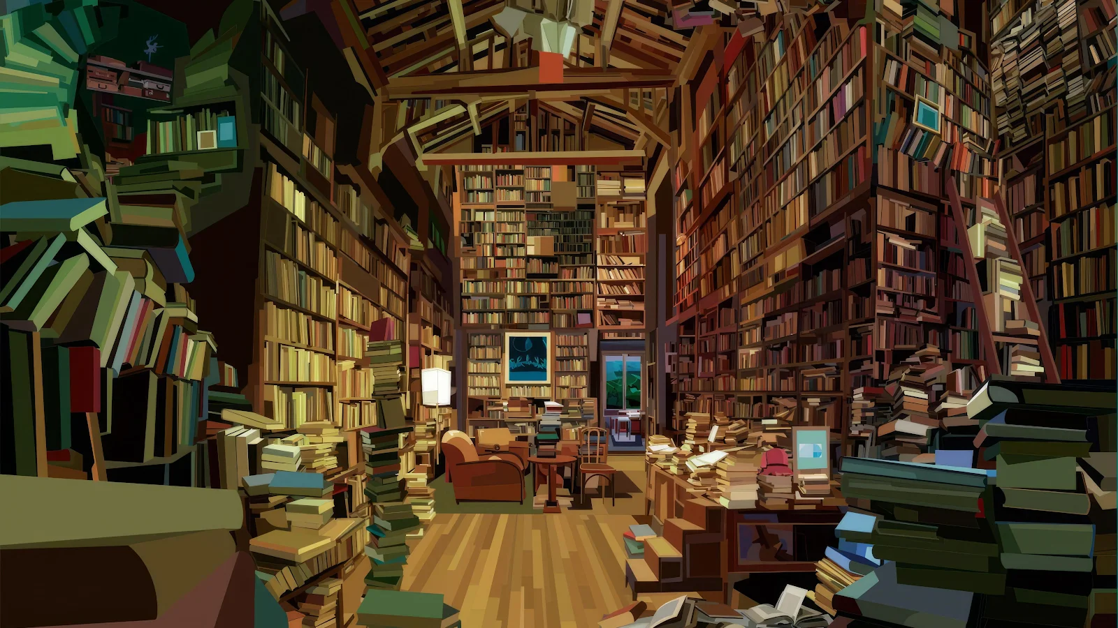 Library, Bookshelf, Interior, Study 4K Desktop Wallpaper