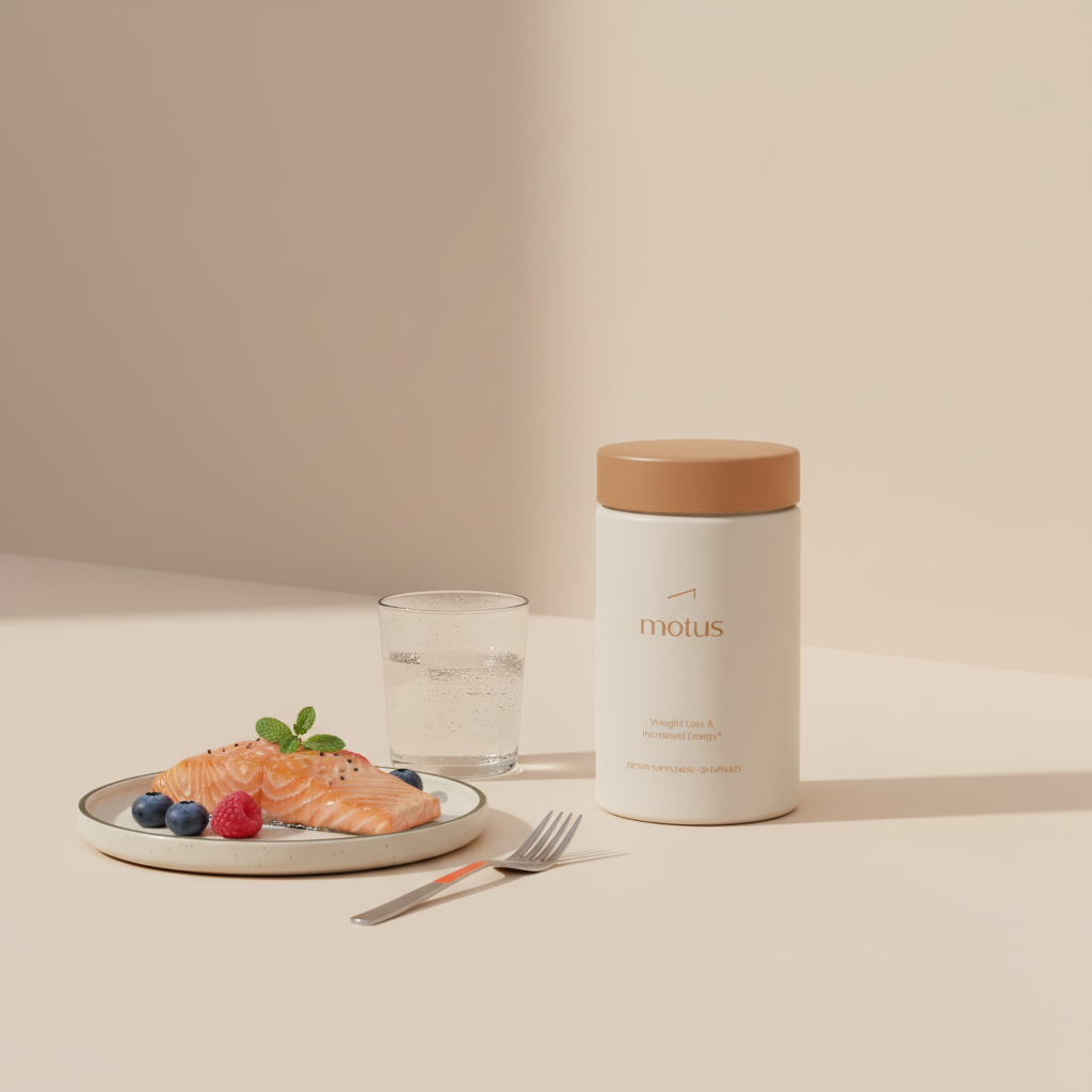 Motus supplement jar on a Tonum beige tabletop next to a salmon fillet, berries and a glass of water, illustrating protein for weight loss in a minimalist health-focused scene